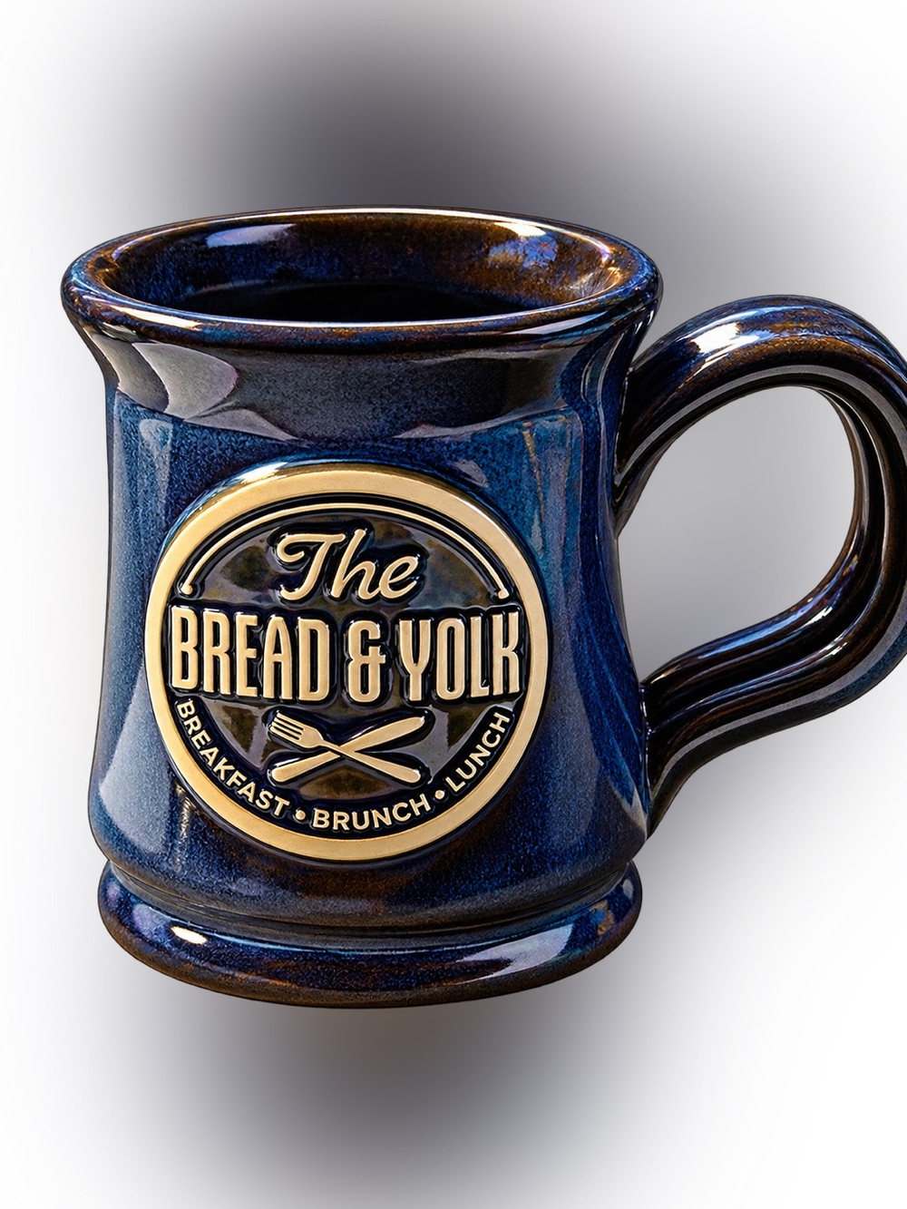 The Bread & Yolk Breakfast Brunch Lunch Blue Stoneware Coffee Mug Raised Logo